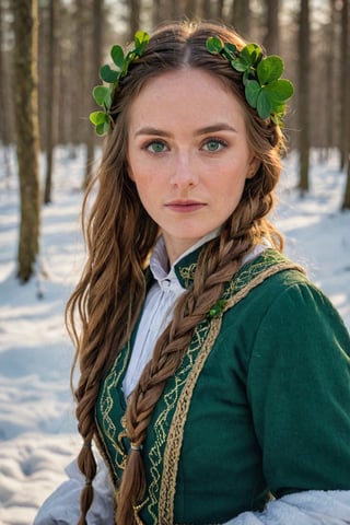 35 year old female leprechaun in a lush snowy forest at sunrise, long flowing braided hair, warmth, determination, poise, eyes glimmering with warm hues, clothes adorned with a geometric four leaf clover pattern, perfect eyes, perfect anatomy, artistic composition, masterpiece quality, high-detail, realistic skin texture, captured with Sony A7R IV, Sony FE 50mm f/1.2 GM lens, bathed in warm natural light, ultra-realistic