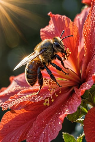 macro photography, bee, (pollen), red hibiscus, morning dew, golden hour, light rays, 