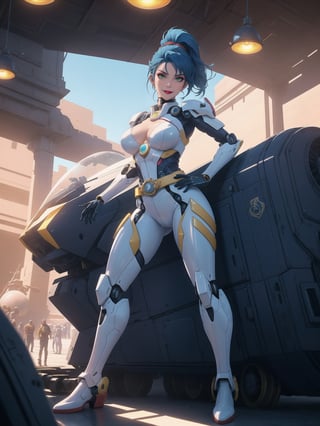 In high-resolution UHD, mecha musume style with nuances of Chrono Trigger. | An imposing woman wearing a white robotic suit, blue accents, and circular lights, standing out with a snug outfit and striking breasts. A cybernetic belt with a bright jewel at the center adorns her waist. Short blue hair with a ponytail adds elegance. With a futuristic helmet, she gazes directly at the observer on an aircraft filled with Square Enix's giant machines and robots. The window reveals a fantastic panorama. | Composition with atmospheric perspective, wide angle, and f/4.0 aperture to enhance depth. Effects like global illumination and projected shadows create an immersive atmosphere. | A mecha musume warrior, ready to unravel temporal mysteries on her journey inspired by Chrono Trigger. | She: ((interacting and leaning on anything, very large structure+object, leaning against, sensual pose):1.3), ((Full body image)), perfect hand, fingers, hand, perfect, better_hands, More Detail.