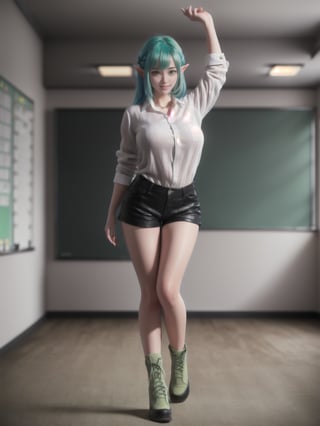 ((full body):1.5), {(Princess Zelda)}, {((wearing a white linen shirt and very short black shorts)), Princess Zelda has ((light blue hair and light green eyes)), (( has extremely gigantic breasts)), is looking at the viewer, smiling, ((striking erotic poses)), ((in a classroom full of students))}, 16k, high quality, high detail, UHD,