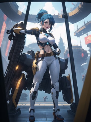 In high-resolution UHD, mecha musume style with nuances of Chrono Trigger. | An imposing woman wearing a white robotic suit, blue accents, and circular lights, standing out with a snug outfit and striking breasts. A cybernetic belt with a bright jewel at the center adorns her waist. Short blue hair with a ponytail adds elegance. With a futuristic helmet, she gazes directly at the observer on an aircraft filled with Square Enix's giant machines and robots. The window reveals a fantastic panorama. | Composition with atmospheric perspective, wide angle, and f/4.0 aperture to enhance depth. Effects like global illumination and projected shadows create an immersive atmosphere. | A mecha musume warrior, ready to unravel temporal mysteries on her journey inspired by Chrono Trigger. | She: ((interacting and leaning on anything, very large structure+object, leaning against, sensual pose):1.4), ((Full body image)), perfect hand, fingers, hand, perfect, better_hands, More Detail.