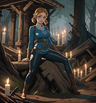 A Breath of the Wild Zelda-style masterpiece, fantasy adventure rendered in ultra-detailed 4K. | Princess Zelda, a young 23-year-old woman, is dressed in a hydraulic firefighter outfit, consisting of a black leather jacket, black leather pants, black rubber boots and a yellow protective helmet. Her short ((blue hair)) is disheveled with two pigtails held in place by silver barrettes. Her green eyes shine as she looks at the viewer, smiling and showing her white teeth. It is located in a filthy pit, with rusty pipes, rocky structures and rotten wood. Mud and dirt cover the floor, while lit candles illuminate the gloomy space. Wooden and stone structures blend into the environment, creating an atmosphere of adventure and danger. | The image highlights the imposing figure of Princess Zelda and the architectural elements of the well. The rusty pipes, rock structures, rotting wood, mud and dirt create an environment of adventure and danger. The lit candles illuminate the scene, creating dramatic shadows and highlighting the details of the scene. | Soft, shadowy lighting effects create a tense, uncomfortable atmosphere, while rough, detailed textures on structures and objects add realism to the image. | An adventure and fantasy scene of a plumber princess in a filthy pit, fusing elements of Zelda Breath of the Wild, adventure and fantasy. | (((The image reveals a full-body shot as the Princess Zelda assumes a sensual pose, engagingly leaning against a structure within the scene in an exciting manner. She takes on a sensual pose as she interacts, boldly leaning on a structure, leaning back and boldly throwing herself onto the structure, reclining back in an exhilarating way.))). | ((((full-body shot)))), ((perfect pose)), ((perfect arms):1.2), ((perfect limbs, perfect fingers, better hands, perfect hands, hands)), ((perfect legs, perfect feet):1.2), ((huge breasts)), ((perfect design)), ((perfect composition)), ((very detailed scene, very detailed background, perfect layout, correct imperfections)), Enhance, Ultra details++, More Detail, poakl