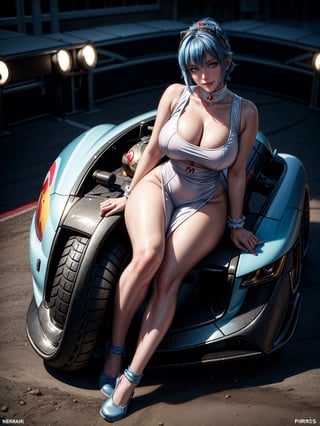 A woman, wearing white formula 1 runner's costume with blue parts, gigantic breasts, blue hair, very short hair, hair pinned, bangs in front of the eyes, looking at the spectator, (((erotic pose interacting and leaning on an object))), on a race track with Kart, machinery, grandstand, ((full body):1.5). 16k, UHD, best possible quality, ((best possible detail):1), ((Super Mario Kart)), Princess Peach, best possible resolution, Unreal Engine 5, professional photography, perfect_hands, in the style of SM