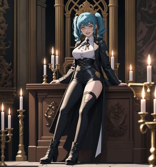 A Gothic-style masterpiece and Castlevania Symphony of the Night rendered in ultra-detailed 4K. | Aya, a young 23-year-old woman, is dressed in a Frankenstein-inspired outfit consisting of a ripped white shirt, ripped black pants, black leather boots, and a stained lab coat. Her short ((blue hair)) is disheveled with two pigtails held together by silver clips. Her ((golden eyes)) shine as ((she looks at the viewer, smiling and showing her white teeth)). It is located in an old castle, with rock and metal structures. An altar stands in the center of the site, surrounded by figurines and candelabra. Metallic structures and altars with macabre emblems complete the dark and gothic environment. | The image highlights Aya's imposing figure and the castle's architectural elements. The rock and metal structures, the altar, the statuettes, the chandeliers and the macabre emblems create a gothic and dark atmosphere. The lit candles illuminate the scene, creating dramatic shadows and highlighting the details of the scene. | Soft, shadowy lighting effects create a tense, uncomfortable atmosphere, while rough, detailed textures on structures and objects add realism to the image. | A gothic and mysterious scene of a mad scientist in an ancient castle, fusing elements of Frankenstein and Castlevania Symphony of the Night. | (((The image reveals a full-body shot as Aya assumes a sensual pose, engagingly leaning against a structure within the scene in an exciting manner. She takes on a sensual pose as she interacts, boldly leaning on a structure, leaning back and boldly throwing herself onto the structure, reclining back in an exhilarating way.))). | ((((full-body shot)))), ((perfect pose)), ((perfect arms):1.2), ((perfect limbs, perfect fingers, better hands, perfect hands, hands)), ((perfect legs, perfect feet):1.2), ((huge breasts)), ((perfect design)), ((perfect composition)), ((very detailed scene, very detailed background, perfect layout, correct imperfections)), Enhance, Ultra details++, More Detail, poakl