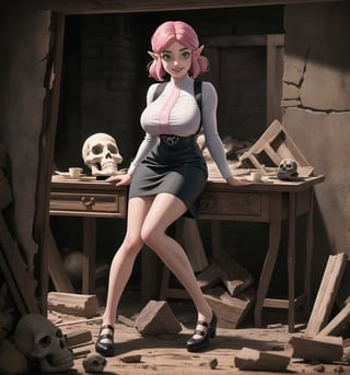A masterpiece of gothic and fantasy style rendered in ultra-detailed 4K. | Princess Zelda, a young 23-year-old woman, is dressed in a simple maid uniform consisting of a white blouse, black skirt, white apron and black shoes. Her short ((pink hair)) is disheveled with two pigtails held in place by silver barrettes. Her green eyes shine as ((she looks at the viewer, smiling and showing her white teeth)). It is located in a filthy basement, with rocky structures, rotten wood and remains of destroyed buildings. An old and dirty table is in the center of the place, with metal tools scattered throughout the room. Skulls and skeletons are scattered across the floor, creating a sinister atmosphere. | The image highlights the imposing figure of Princess Zelda and the architectural elements of the basement. The rock structures, rotten wood, remains of destroyed buildings and metal tools create a gothic and sinister atmosphere. The old, dirty table and the skulls and skeletons scattered across the floor add a touch of fantasy to the scene. | Soft, shadowy lighting effects create a tense, uncomfortable atmosphere, while rough, detailed textures on structures and objects add realism to the image. | A gothic and fantasy scene of a princess employed in a filthy basement, fusing elements of gothic and fantasy. | (((The image reveals a full-body shot as the Princess Zelda assumes a sensual pose, engagingly leaning against a structure within the scene in an exciting manner. She takes on a sensual pose as she interacts, boldly leaning on a structure, leaning back and boldly throwing herself onto the structure, reclining back in an exhilarating way.))). | ((((full-body shot)))), ((perfect pose)), ((perfect arms):1.2), ((perfect limbs, perfect fingers, better hands, perfect hands, hands)), ((perfect legs, perfect feet):1.2), (((huge breasts))), ((perfect design)), ((perfect composition)), ((very detailed scene, very detailed background, perfect layout, correct imperfections)), Enhance, Ultra details++, More Detail, poakl
