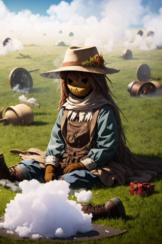 ( Scarecrow girl with a hat ), detailed eyes, old clothes, {{axes lying on the ground}}, open field full of grass, perfect quality, detailed scene --V1, perfect details, ultra UHD=1.0, (dry ice particles like fog)), heavy environment