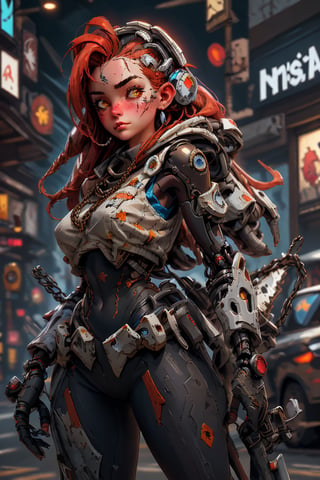 Dark_Fantasy,Cyberpunk,(chain saw,chain saw girl,Red:1.1),1 sexy girl wearing mechanical marvel,Robotic presence,Cybernetic guardian, wearing a worn-out mech suit, intricate, (steel metal [rusty]), elegant, clear focus, shot by greg rutkowski, soft lighting, vibrant colors, masterpiece, ((street)), cowboy shot, dynamic pose