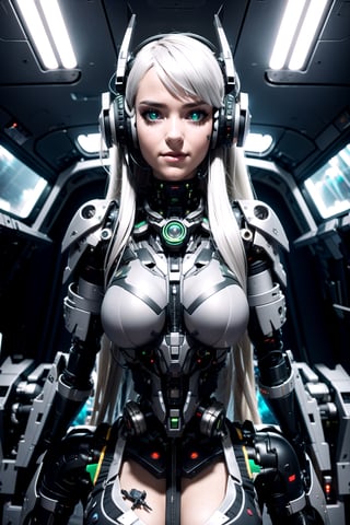 8K, Best Quality, Masterpiece, Ultra High Resolution, (Realism: 1.4), Girl Futuristic Battle Suit, Green Pupils, In the cockpit of a mecha, Cloudy background, Dark Clouds, Lightning, Background of Air Battlefield, Falling Airplane, Flying Anti-Aircraft Missiles, Exploding Flames, Mechanically Built Birds, Real Woman, Cleavage, Real Face, Cute Girl, Smile, Perfect Cyborg Girl, Wearing Sci-Fi Headphones, Beautiful Female , Beautiful Girl Cyborg, Silver Hair, Manipulator, CG ,