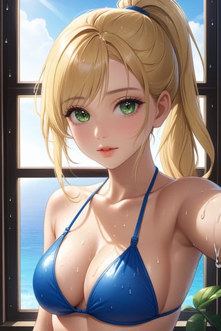 (masterpiece, best quality, highres), (realistic skin texture), soft lighting, 1girl, blonde ponytail hair, (wet hair:1.3), red lipstick, green eyes, taking a selfie, wearing a revealing sexy and hot bikini, blue bikini, detailed, solo, selfie, fit, window, wet, skindentation, brach, intricate details, sunny, navel