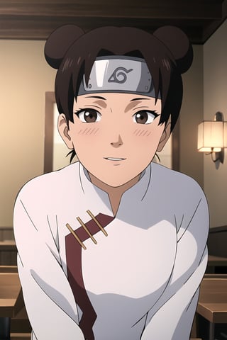 masterpiece, 1girl, (incoming_kiss), restaurant, close_up, white shirt,  beautiful, brown_hair, brown_eyes, indoors, cinematic lighting, tenten, atmospheric, blush, looking_at_viewer, pov kiss, forehead protector, kissing_viewer, tenten\(shippuden\), cute, smile, konohagakure symbol, medium_breasts