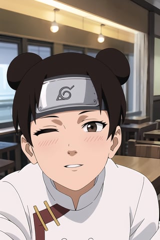 masterpiece, 1girl, (incoming_kiss), restaurant, close_up, white shirt,  beautiful, brown_hair, brown_eyes, indoors, cinematic lighting, tenten, atmospheric, blush, looking_at_viewer, pov kiss, forehead protector, kissing_viewer, tenten\(shippuden\), cute, smile, konohagakure symbol, medium_breasts, wink, one_eye_closed