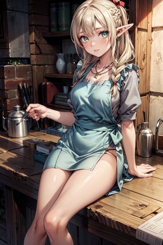 8k,HQ, (best quality, madly detailed CG unity 8k wallpaper,masterpiece:1.2), (realistic eyes:1.2), dmeshimarcil, picture-perfect face, blush, elf, (perfect female body), slim, hourglass body shape,(platinum blonde hair), braided ponytail, goddess, fantasy, breasts, dreamlike, charming, alluring, seductive, enchanting, makeup, (wearing only green apron), silver necklace, leaf earrings, trying to seduce, come hither, looking at viewer, solo,