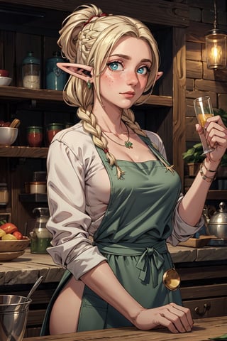 8k,HQ, (best quality, madly detailed CG unity 8k wallpaper,masterpiece,madly detailed photo:1.2), (realistic eyes:1.2), dmeshimarcil, picture-perfect face, blush, elf, (perfect female body), slim, hourglass body shape,(platinum blonde hair), braided ponytail, goddess, fantasy, breasts, dreamlike, charming, alluring, seductive, enchanting,makeup, (wearing only green apron), silver necklace, leaf earrings, trying to seduce, naked apron, downblouse, come hither, looking at viewer, solo,