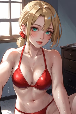 (masterpiece, best quality, highres), (realistic, realistic skin texture), soft lighting, 1girl, blonde ponytail hair, red lipstick, green eyes, taking a selfie, wearing a revealing sexy and hot bikini, solo, selfie,fit, window, indoors, wet hair, wet