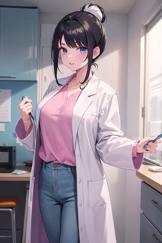 mature woman, 1girl, single hair bun, black hair, blue eyes, swept bangs, doctor, lab coat white coat, pink shirt, solo, standing, purple lipstick, grey pants,
