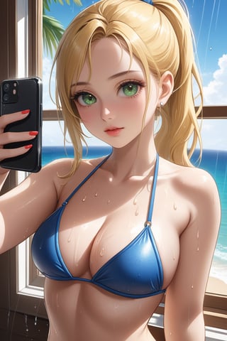 (masterpiece, best quality, highres), (realistic skin texture), soft lighting, 1girl, blonde ponytail hair, (wet hair:1.3), red lipstick, green eyes, taking a selfie, wearing a revealing sexy and hot bikini, blue bikini, detailed, solo, selfie, fit, window, wet, skindentation, brach, intricate details, sunny