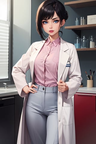 mature woman, 1girl, single hair bun, black hair, blue eyes, swept bangs, doctor, lab coat white coat, pink shirt, solo, standing, purple lipstick, grey pants