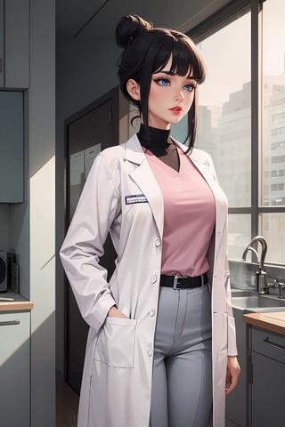 mature woman, 1girl, single hair bun, black hair, blue eyes, swept bangs, doctor, lab coat white coat, pink shirt, solo, standing, purple lipstick, grey pants