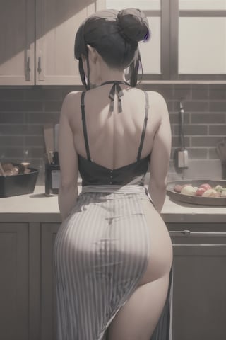 masterpiece, best quality, milf, 1girl, black_hair, mature_female, (from_behind, facing_away), (striped_dress, long_dress), indoors, pantylines, single_hair_bun, striped, from_behind facing_away, apron from_behind, curvy