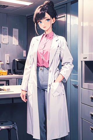 mature woman, 1girl, single hair bun, black hair, blue eyes, swept bangs, doctor, lab coat white coat, pink shirt, solo, standing, purple lipstick, grey pants,1990s (style)