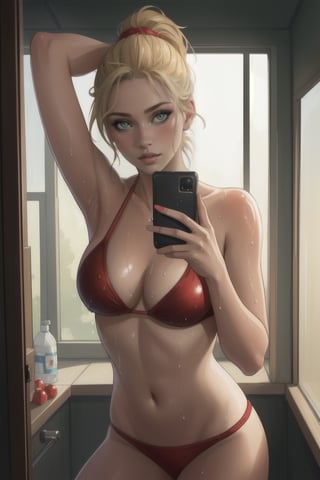 (masterpiece, best quality, highres), (realistic skin texture), soft lighting, 1girl, blonde ponytail hair, wet hair, red lipstick, green eyes, taking a selfie, wearing a revealing sexy and hot bikini, solo, selfie,fit, window,  wet, skindentation