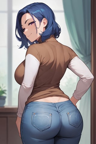 best quality, 1girl, blue hair, purple eyes, from behind, back, brown sweater, turtleneck, smug, white sleeves, looking at viewer, looking back, back, curvy, mature female, denim, medium hair, raglan sleeves white sleeves, raglan sleeves, BREAK, source_anime, score_9, score_8_up, score_7_up