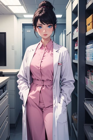 mature woman, 1girl, single hair bun, black hair, blue eyes, swept bangs, doctor, lab coat white coat, pink shirt, solo, standing, purple lipstick