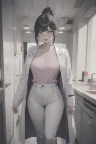 mature woman, 1girl, single hair bun, black hair, blue eyes, swept bangs, doctor, lab coat white coat, pink shirt, solo, standing, purple lipstick, grey pants