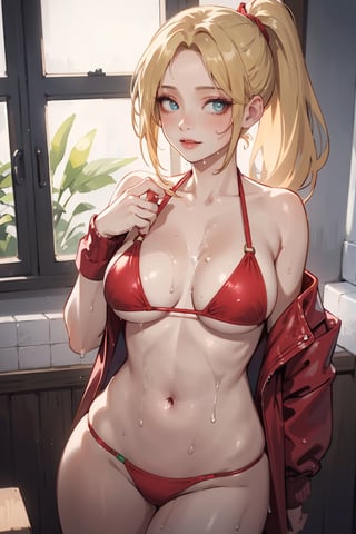 (masterpiece, best quality, highres), (realistic, realistic skin texture), soft lighting, 1girl, blonde ponytail hair, red lipstick, green eyes, taking a selfie, wearing a revealing sexy and hot bikini, solo, selfie,fit, window, indoors, wet hair, wet, skindentation