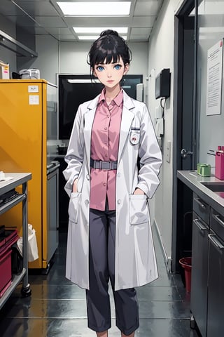 mature woman, 1girl, single hair bun, black hair, blue eyes, swept bangs, doctor, lab coat white coat, pink shirt, solo, standing, purple lipstick, grey pants