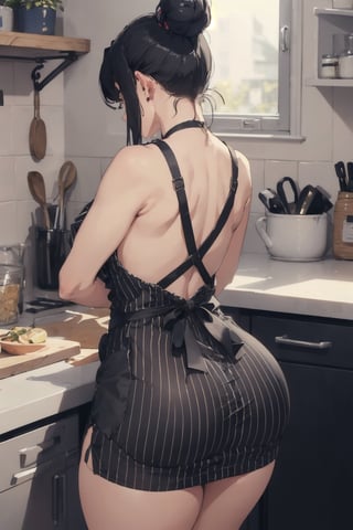 masterpiece, best quality, milf, 1girl, black_hair, mature_female, (from_behind, facing_away), (striped_dress, long_dress), indoors, pantylines, single_hair_bun, striped, from_behind facing_away, apron from_behind, curvy