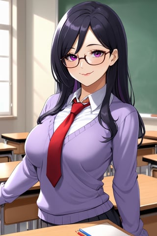mature female, teacher, long black hair, glasses, multicolored hair, red eyes, purple sweater, small breasts, beautiful, classroom, sleeves pushed up, beautiful day, attractive, chalkboard, 1girl, female teacher, necktie, sfw, office lady, milf, detailed clothes, small smile