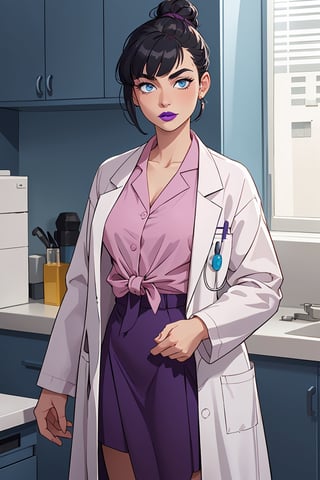 mature woman, 1girl, single hair bun, tied hair, black hair, blue eyes, swept bangs, doctor, lab coat white coat, pink shirt, solo, standing, purple lipstick, cartoon, 2d