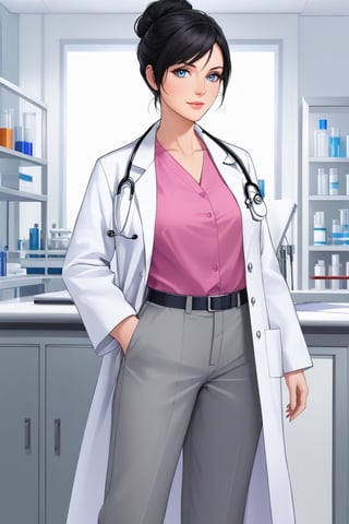 mature female, 1girl, single hair bun, black hair, blue eyes, swept bangs, doctor, lab coat white coat, pink shirt, solo, standing, purple lipstick, grey pants