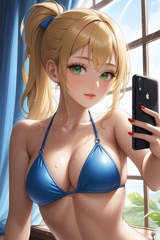 (masterpiece, best quality, highres), (realistic skin texture), soft lighting, 1girl, blonde ponytail hair, (wet hair:1.3), red lipstick, green eyes, taking a selfie, wearing a revealing sexy and hot bikini, blue bikini, detailed, solo, selfie, fit, window, wet, skindentation, brach, intricate details, sunny, navel, hourglass figure