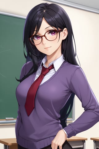 mature female, teacher, long black hair, glasses, multicolored hair, red eyes, purple sweater, small breasts, beautiful, classroom, sleeves pushed up, beautiful day, attractive, chalkboard, 1girl, female teacher, necktie, sfw, office lady, milf, detailed clothes,