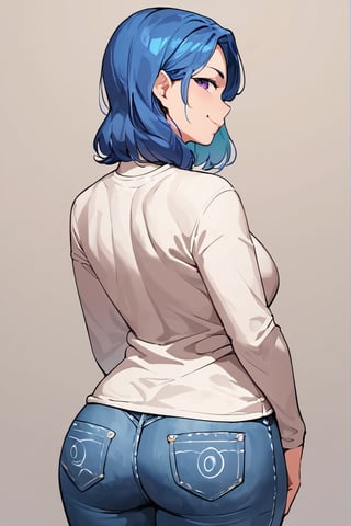 best quality, 1girl, blue hair,  purple eyes, from behind, back, brown sweater, turtleneck, smug, white sleeves, looking at viewer, looking back, back, curvy, mature female, denim, medium hair, raglan sleeves white sleeves, BREAK, source_anime, score_9, score_8_up, score_7_up