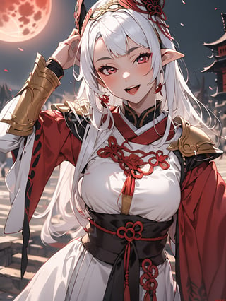 1girl,18 years old,beautiful elven girl,(((onmyouji))),(((suikan))),sexy armour, red moon backgroud, breasts out, open mouth, smile, 