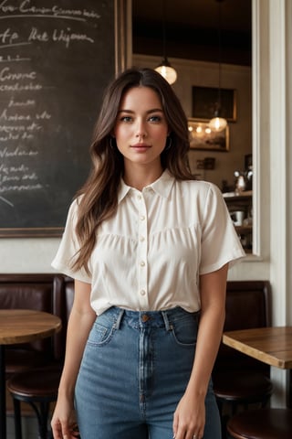 (8K, Ultra high res:1.1) Claire, a stunning European-American woman in her late 20s, enjoys a delightful encounter at a charming cafe. She wears a chic Blouse with High-Waisted Jeans, showcasing her effortless style. The high-resolution image captures ultra-detailed realism, highlighting Claire's captivating blue eyes, porcelain complexion, and flowing blonde hair. The cozy cafe with its artistic decor and steaming cups of coffee adds to the intimate atmosphere, creating a visually captivating representation of Claire's European sophistication.