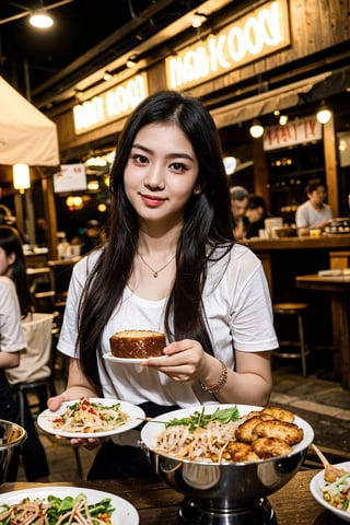 (8K, Ultra high res:1.1) Nguyen, an 18-year-old Vietnamese girl, embarks on a dynamic street food adventure. She indulges in a variety of delicious Vietnamese dishes while wearing a casual yet stylish outfit. Nguyen's captivating brown eyes, flawless complexion, and long black hair are highlighted in the high-resolution image. The vibrant street food stalls and the mouthwatering aroma of Vietnamese cuisine add to the energetic atmosphere, capturing Nguyen's love for culinary exploration and her youthful appetite for new experiences.