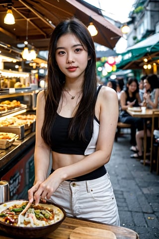 (8K, Ultra high res:1.1) Nguyen, an 18-year-old Vietnamese girl, embarks on a dynamic street food adventure. She indulges in a variety of delicious Vietnamese dishes while wearing a casual yet stylish outfit. Nguyen's captivating brown eyes, flawless complexion, and long black hair are highlighted in the high-resolution image. The vibrant street food stalls and the mouthwatering aroma of Vietnamese cuisine add to the energetic atmosphere, capturing Nguyen's love for culinary exploration and her youthful appetite for new experiences.