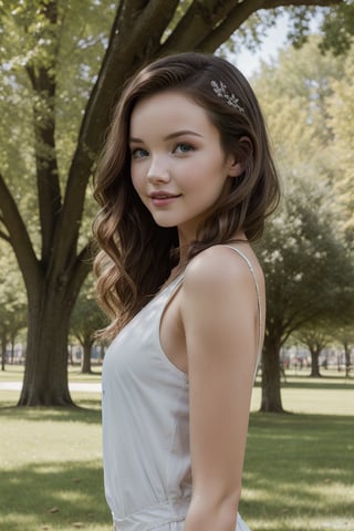 a photograph of Dove Cameron in a park. realistic style.
