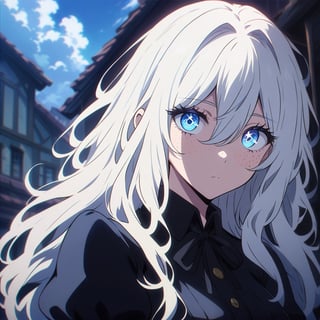 anime, anime style, niji6 style, by nijijourney, 1girl, solo, blue eyes, long hair, hair between eyes, freckles, looking at viewer, white hair, outdoors, sky, upper body, puffy sleeves, cloud, dress, day, blue sky, black dress, closed mouth, blurry, blurry background, building, shirt, long sleeves, juliet sleeves, black ribbon, ribbon, breasts, hair intakes, expressionless, cloudy sky, hair down, alternate hairstyle, black shirt, neck ribbon, house, alternate costume, wavy hair, eyelashes, collared shirt, collared dress, messy hair, sidelocks, buttons, medium breasts, blonde hair, detailed eyes, ambient light, thick eyelashes, diamond, dark night, dark deep, sparkling, masterpiece, best quality, highres, 4k, 8k, intricate detail, cinematic lighting, amazing quality, amazing shading, film grain, blurry foreground, vignetting chiaroscuro, chromatic aberration, backlighting, global illumination, drop shadow, detailed illustration, anime style, wallpaper, animification, anime coloring, fake screenshot, screencap, anime screencap