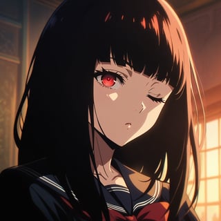 anime, anime style, niji6 style, by nijijourney, anime, anime style, niji6 style, by nijijourney, warm, afternoon, anime, anime style, niji6 style, by nijijourney, 1girl, medium hair, bob cut, solo, eyepatch, school uniform, red eyes, black hair, looking at viewer, serafuku, indoors, bow, upper body, sailor collar, red bow, blunt bangs, black shirt, black serafuku, ;o, shirt, One Eye Closed, blurry, bowtie, window, red bowtie, blurry background, long sleeves, collarbone, frown, potted plant, very long hair, hime cut, depth of field, sidelocks, expressionless, plant, sunlight, head tilt, straight hair, animification, anime coloring, fake screenshot, screencap, anime screencap, twilight, detailed eyes, ambient light, thick eyelashes, diamond, dark night, dark deep, masterpiece, best quality, highres, 4k, 8k, intricate detail, cinematic lighting, amazing quality, amazing shading, film grain, blurry foreground, vignetting chiaroscuro, chromatic aberration, backlighting, global illumination, drop shadow, detailed illustration, anime style, wallpaper, animification, anime coloring, fake screenshot, screencap, anime screencap