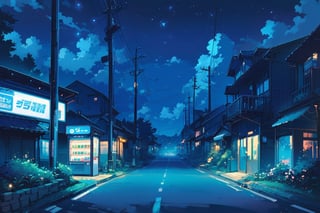 Visual Anime, outdoors, masterpiece, best quality, 
 sky, cloud, tree, no humans, night, plant, building, star (sky), scenery, starry sky, sign, potted plant, road, house, power lines, street, utility pole, vending machine, crosswalk blue theme, green fog