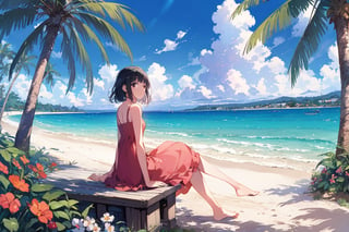 Visual Illustration, 1girl, solo, black hair, dress, sitting, flower, outdoors, sky, barefoot, day, cloud, water, tree, ocean, beach, scenery, palm tree