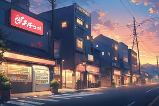 Visual Anime, outdoors, masterpiece, best quality, 
 sky, cloud, tree, no humans, night, plant, building, star (sky), scenery, starry sky, sunset, sign, potted plant, road, house, power lines, street, utility pole, vending machine, crosswalk
