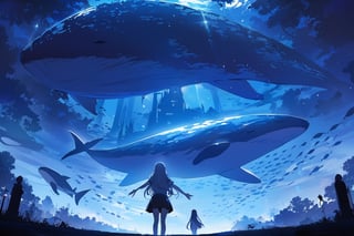 Visual Anime, masterpiece,  best quality, 1girl, solo, long hair, skirt, from behind, outstretched arms, scenery, fish, blue theme, light rays, silhouette, whale, dark blue theme, fog, dew,