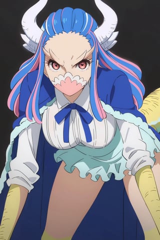 Visual Anime, masterpiece, best quality, Humanoid Pachycephalosaurus, Hybrid Pachycephalosaurus, ulti turn into dino half form, 1girl, solo, long hair, breasts, looking at viewer, skirt, large breasts, simple background, shirt, rolled sleeves, blue hair, tail, white shirt, pink hair, multicolored hair, frills,  two-tone hair, v-shaped eyebrows, eyelashes, leaning forward, capelet, mask, black background, cropped legs, aqua high-waist skirt, mouth mask, curled horns, blue cape,anime_screencap