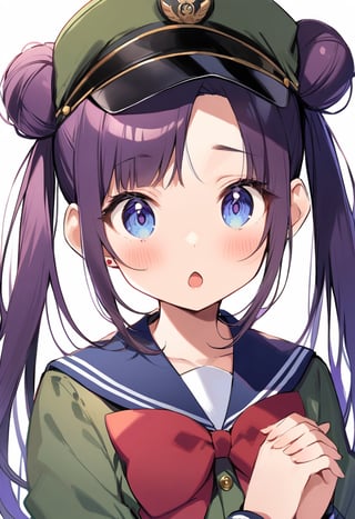 Visual Illustration, 1girl, solo, long hair, looking at viewer, blush, bangs, hat, blue eyes, purple hair, simple background, shirt, stripped sleeves, white background, bow, twintails, jewelry, open mouth, school uniform, white shirt, upper body, earrings, serafuku, megane, green jacket, sidelocks, red bow, parted bangs, double bun, own hands together, blue sailor collar, red bowtie, stud earrings, tsukino usagi